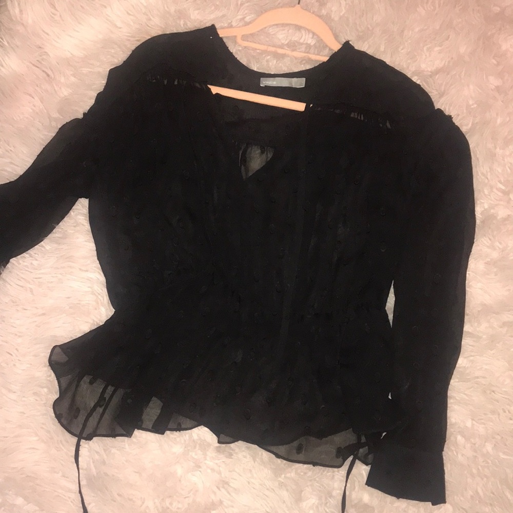 Vince black polka dot long sleeve sheer top